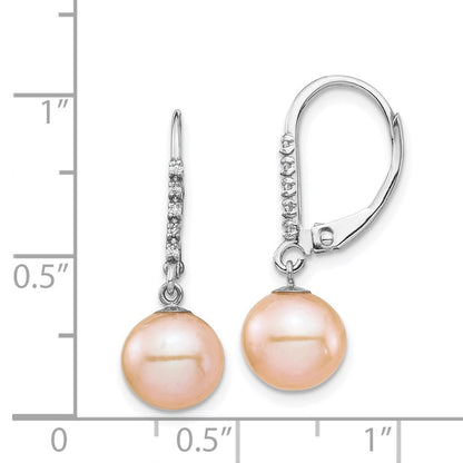 14k Gold 8-9mm Pink Freshwater Cultured Pearl and Diamond Dangle Earrings