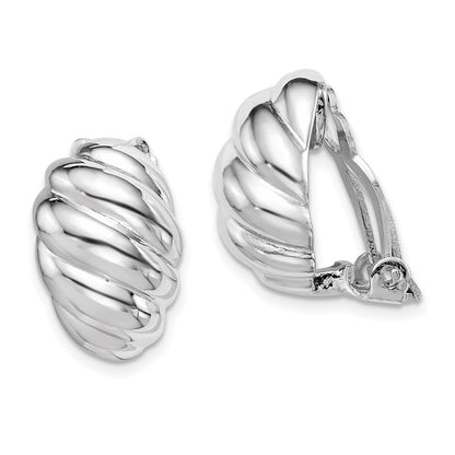 Sterling Silver RH-plated Polished Non-Pierced Scalloped Oval Stud Earrings