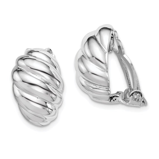 Sterling Silver RH-plated Polished Non-Pierced Scalloped Oval Stud Earrings