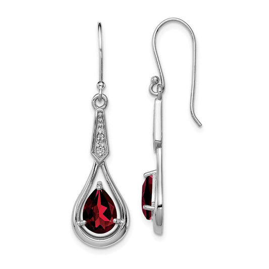 Sterling Silver Rhodium-plated CZ and Garnet Shepherd Hook Dangle Earrings