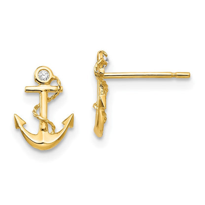 14k Yellow Gold CZ Children's Anchor Button Stud Earrings