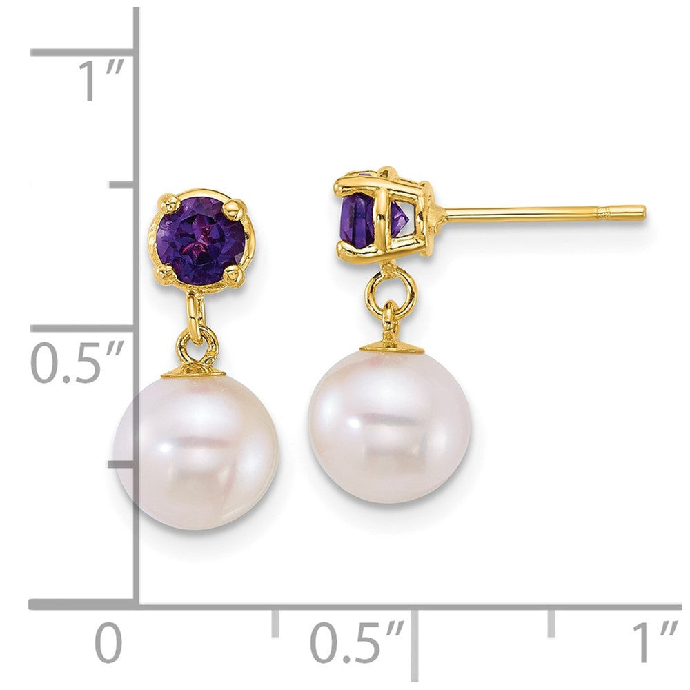 14k Yellow Gold 7-8mm Freshwater Cultured Pearl & Garnet Dangle Earrings