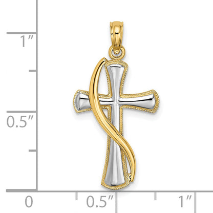 14k Yellow Gold Rhodium Cross Drape Charm Pendant