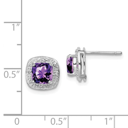 Sterling Silver Rhodium Plated Amethyst and Diamond Button Stud Earrings