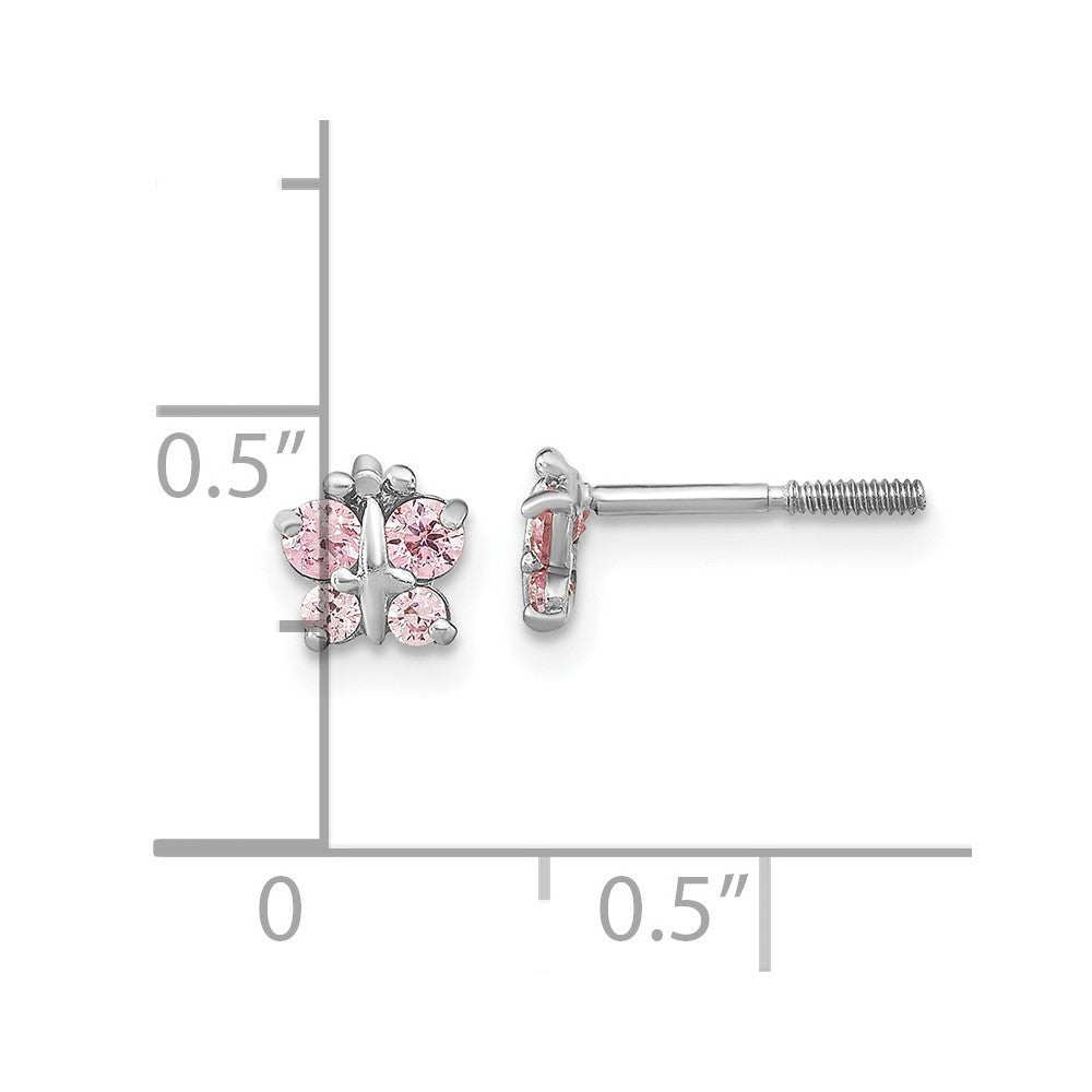 14k White Gold Polished Pink CZ Butterfly Button Stud Earrings