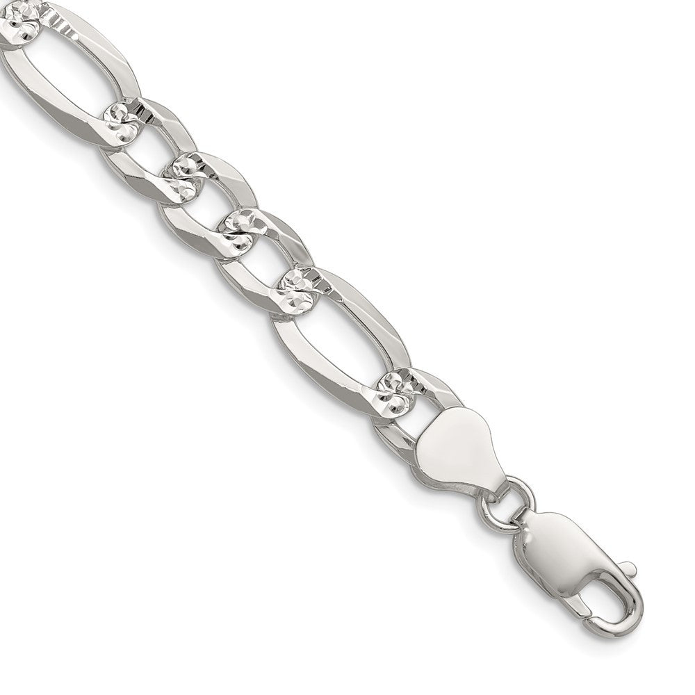 Sterling Silver 8.0mm Flat Diamond-Cut Pave Figaro Chain Necklace 20"