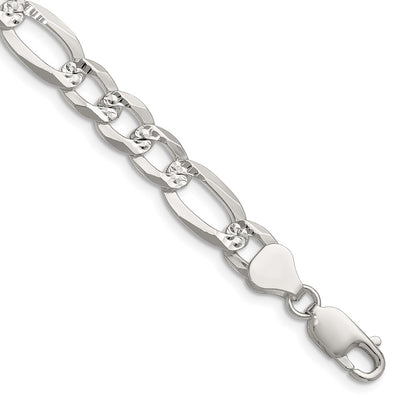 Sterling Silver 8.0mm Flat Diamond-Cut Pave Figaro Chain Necklace 20"