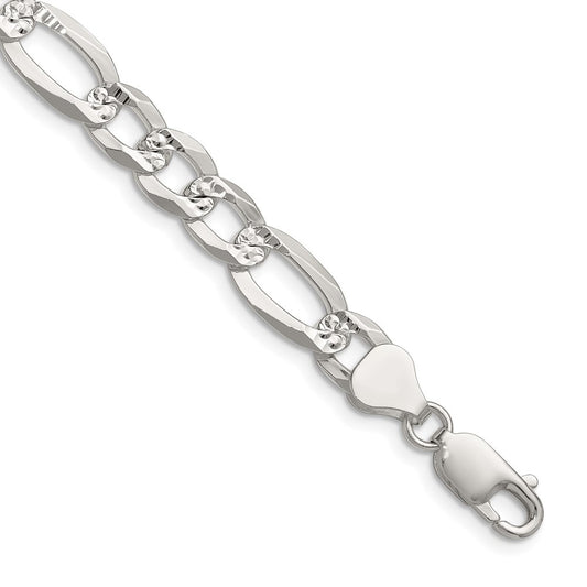 Sterling Silver 8.0mm Flat Diamond-Cut Pave Figaro Chain Necklace 20"