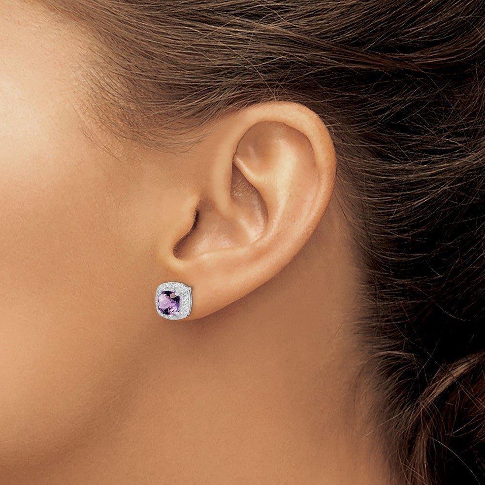 Sterling Silver Rhodium Plated Amethyst and Diamond Button Stud Earrings