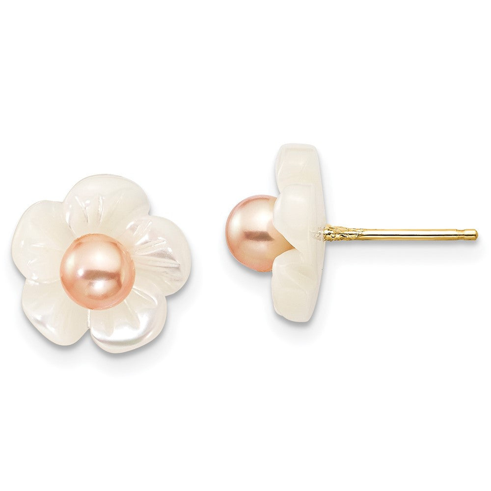 14k Yellow Gold 4mm Pink Cultured Pearl & Mother of Pearl Flower Stud Earrings