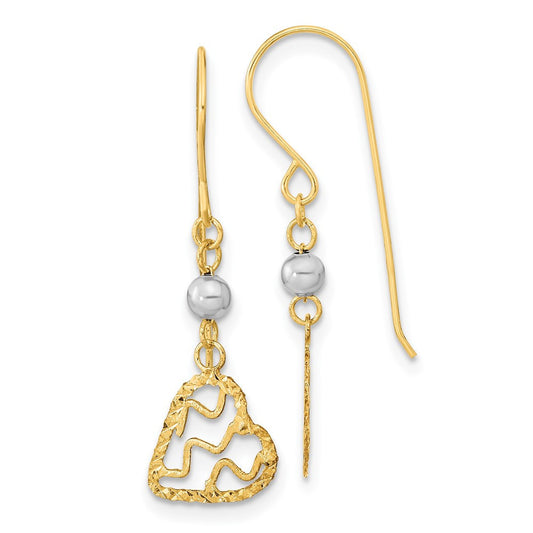 14k Two-tone Gold Satin Diamond-Cut Heart Dangle Shepherd Hook Earrings