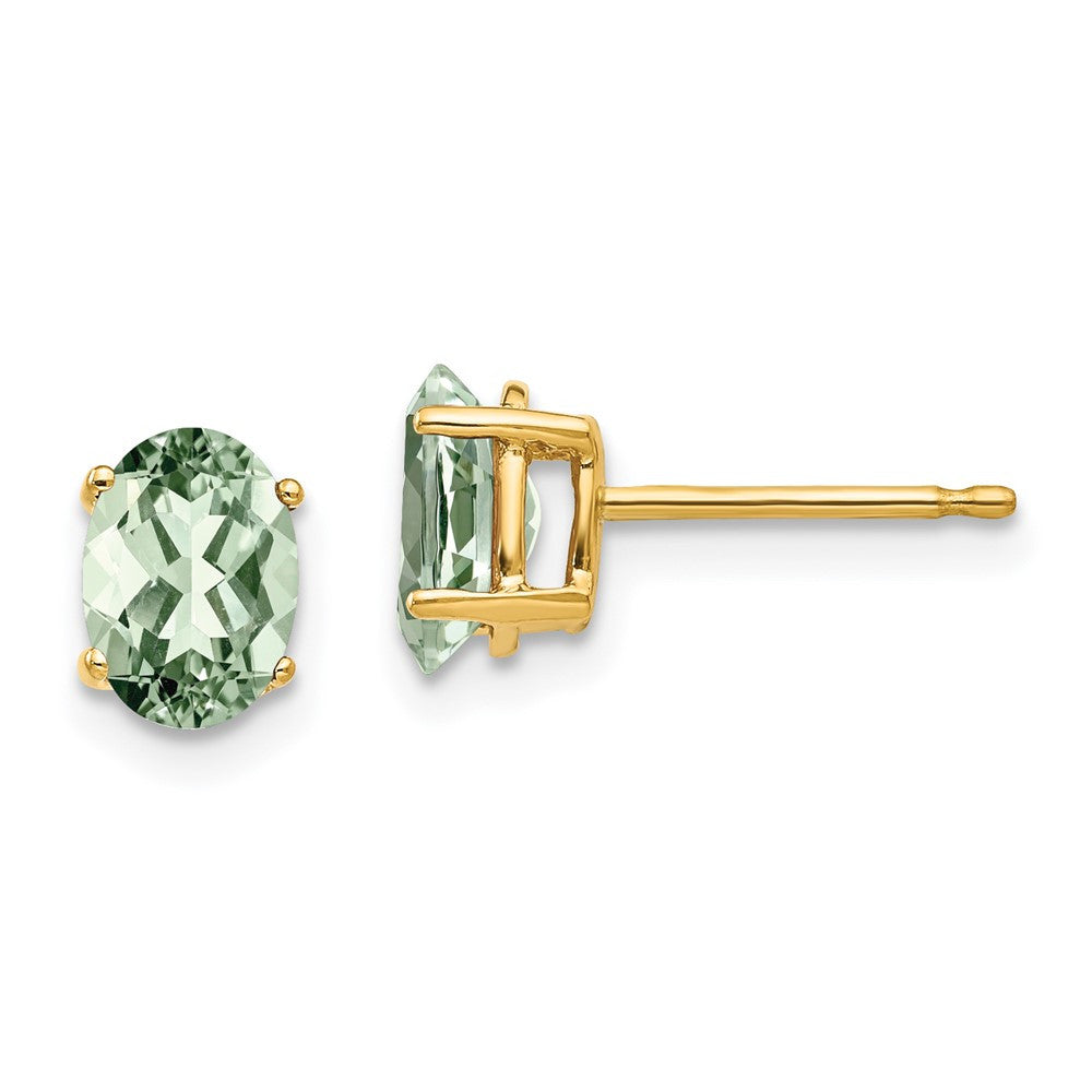 14k Yellow Gold 7x5 Oval Green Quartz Stud Earrings