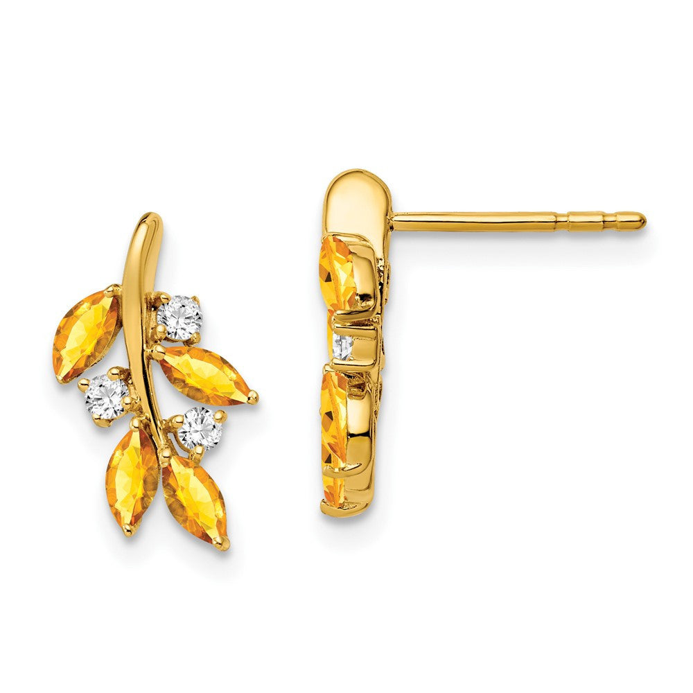 14k Yellow Gold Citrine and Diamond Leaf Drop & Dangle Earrings