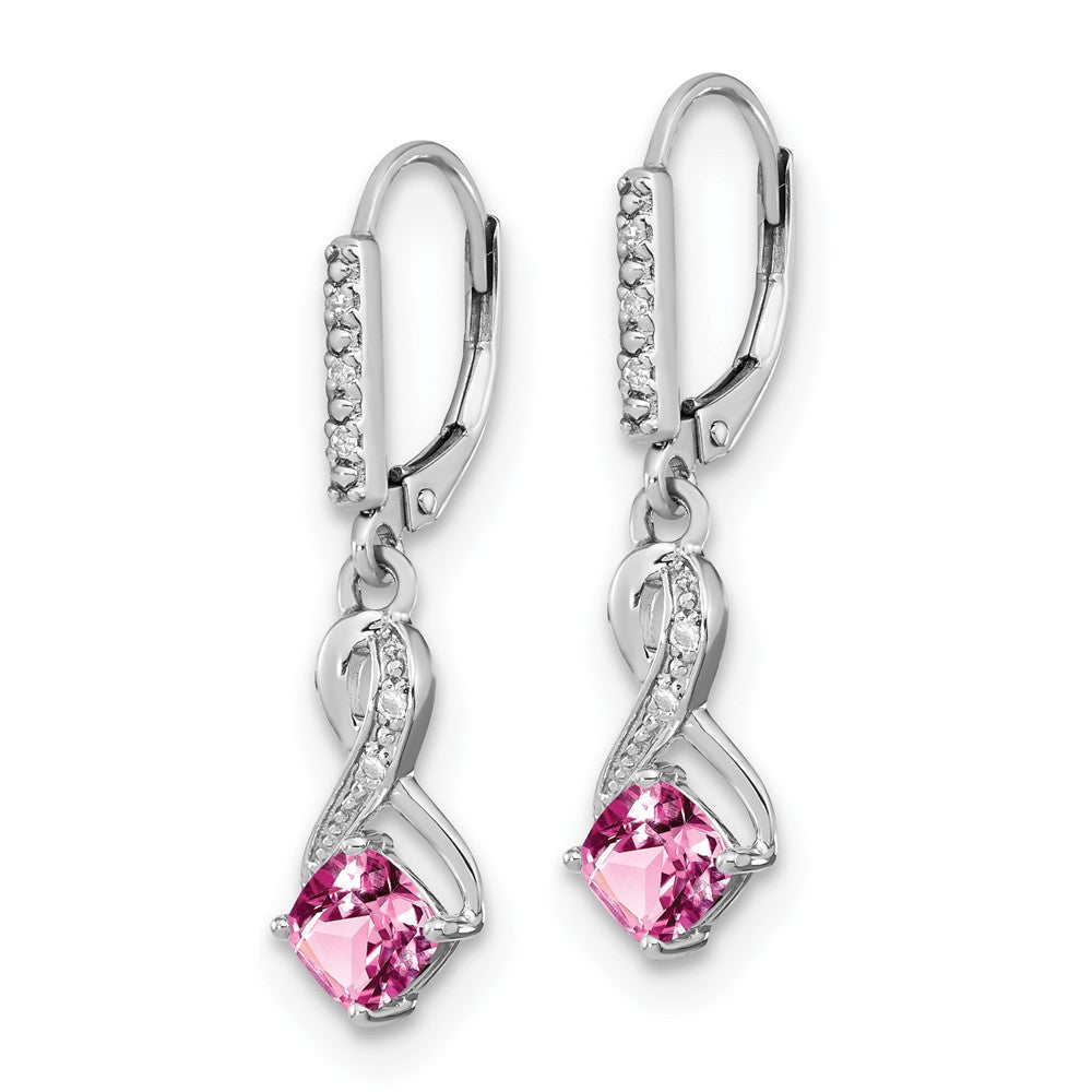 Sterling Silver Rhodium-plated Creat. Pink Sapphire and Diamond Dangle Earrings