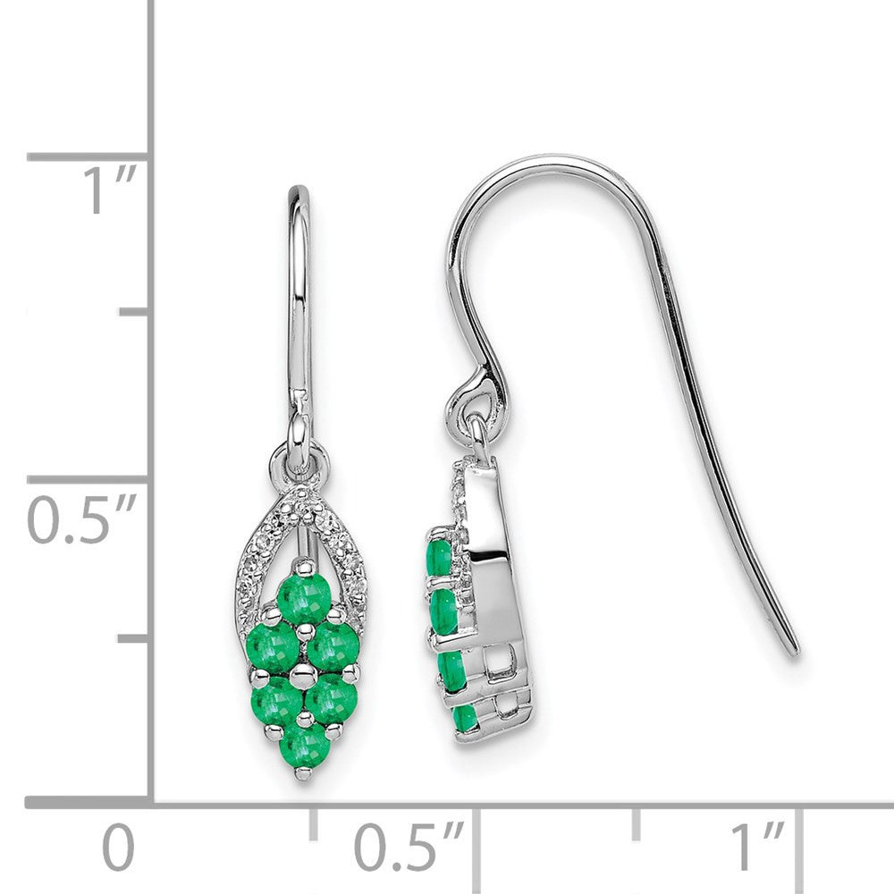 Sterling Silver Rhodium-plated Diam. & Emerald Shepherd Hook Dangle Earrings
