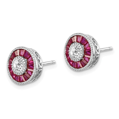 Sterling Silver Rhodium-plated CZ /Created Ruby Halo Button Stud Earrings