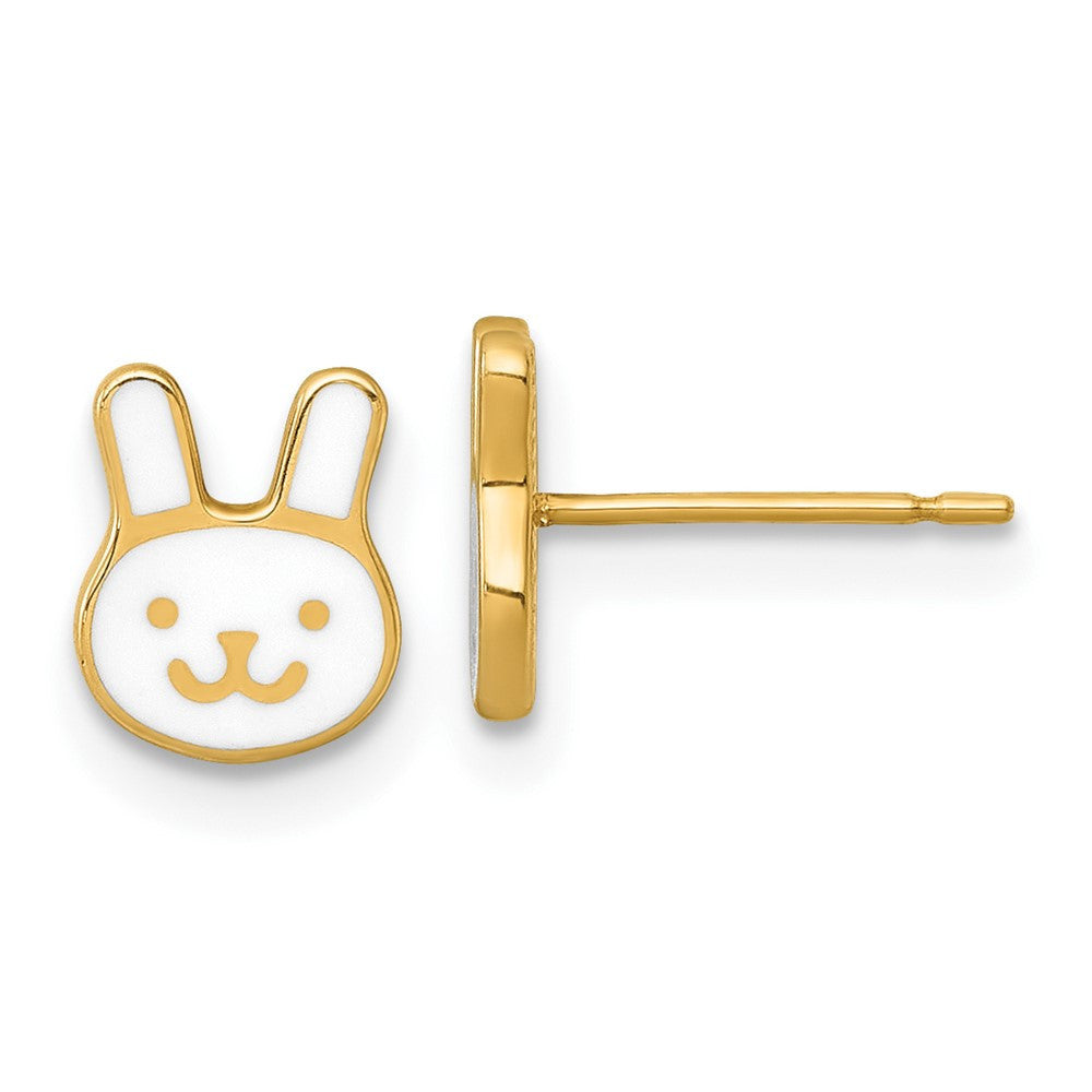 14k Yellow Gold Polished White Enamel Bunny Face Stud Earrings Gift for Women