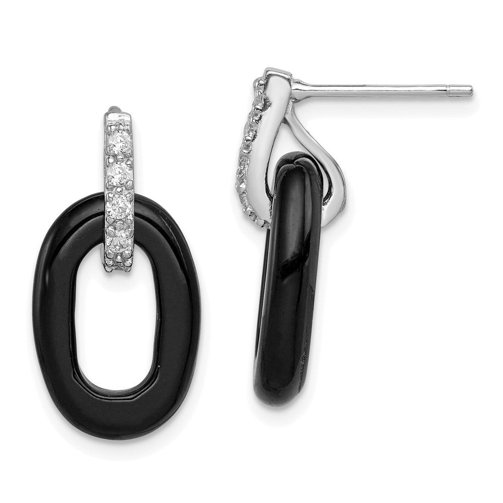 Sterling Silver Rhod-plated Polished Onyx & CZ Oval Dangle Earrings