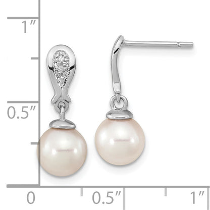14k Gold 7-8mm Akoya Saltwater Cultured Pearl & Diamond Dangle Earrings