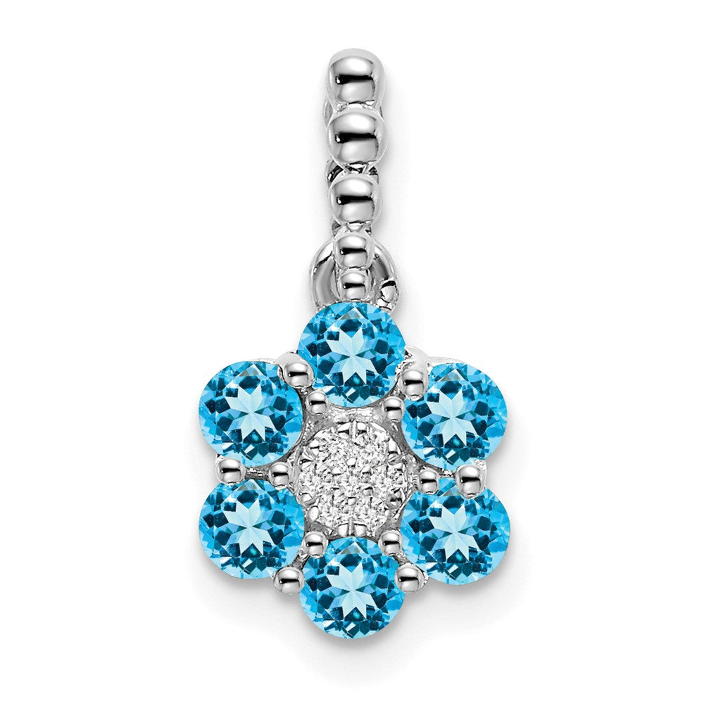 14k White Gold Blue Topaz and Diamond Floral Pendant