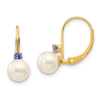 14k Yellow Gold 6-6.5mm Round Cultured Pearl & Tanzanite Drop & Dangle Earrings