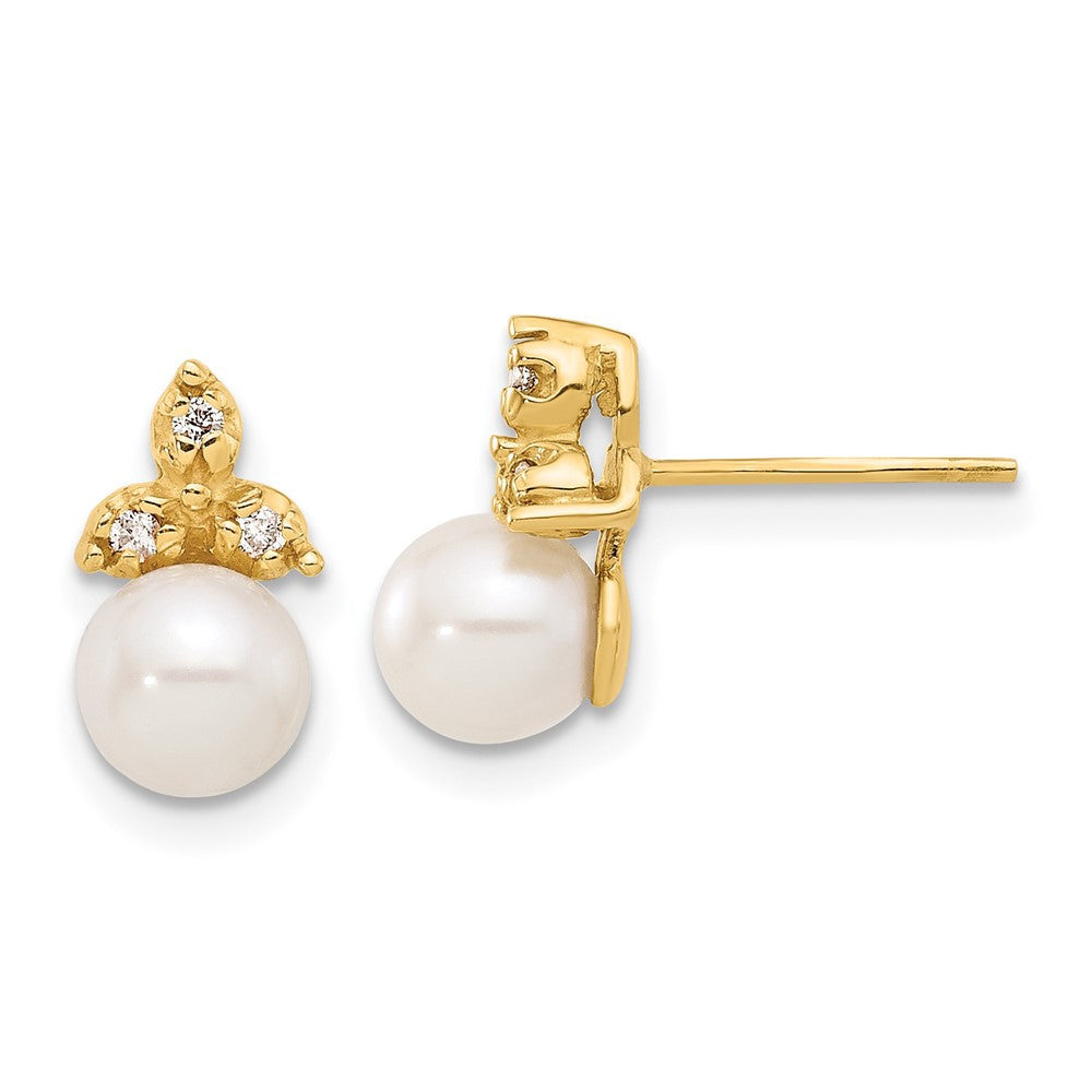 14k Yellow Gold 5-6mm Button Freshwater Cultured Pearl & Diamond Stud Earrings