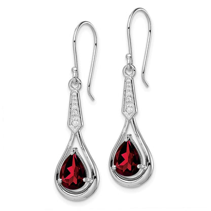 Sterling Silver Rhodium-plated CZ and Garnet Shepherd Hook Dangle Earrings