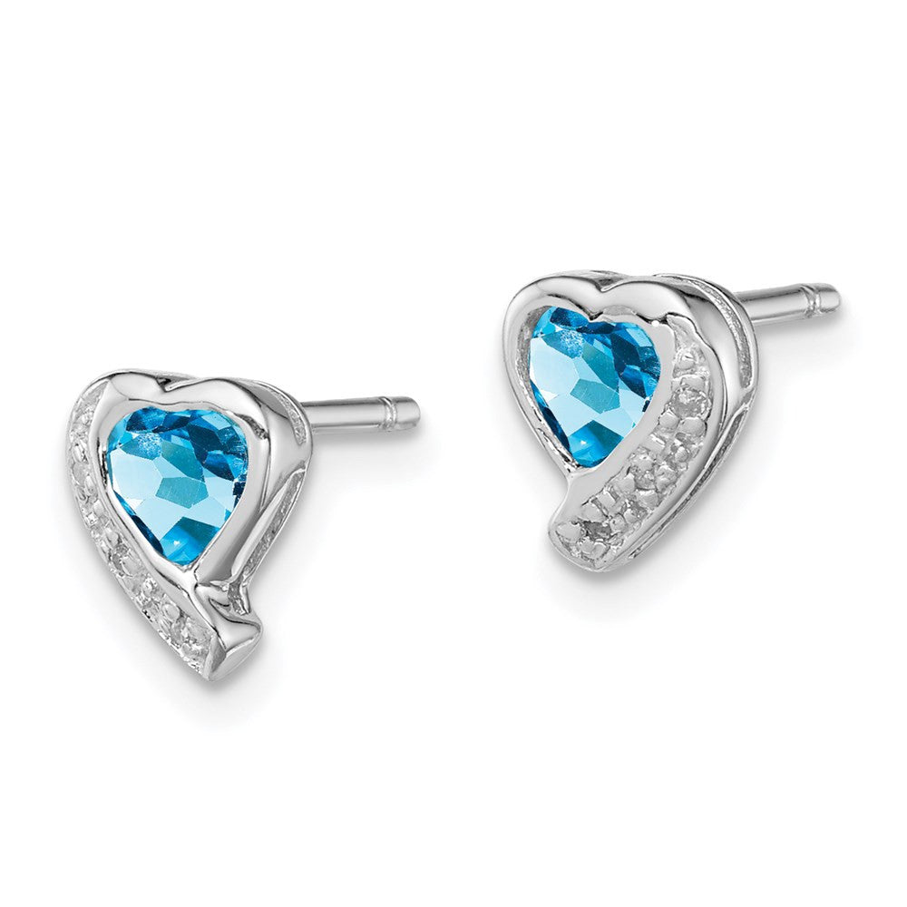 Sterling Silver Rhodium-plated Blue Topaz and Diamond Heart Button Stud Earrings