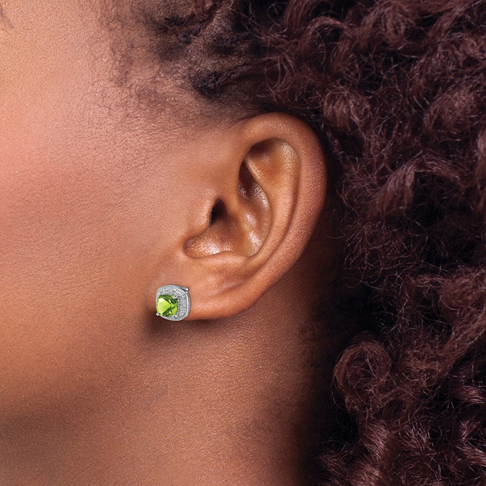 Sterling Silver Rhodium Plated Peridot and Diamond Button Stud Earrings