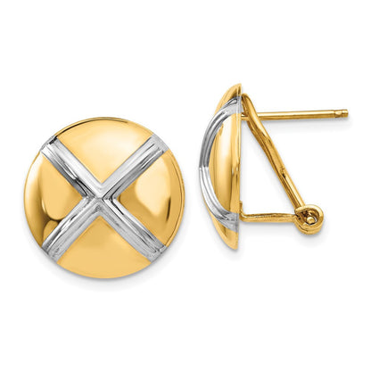 14k Yellow Gold Polished & Rhodium X Omega Back Stud Earrings