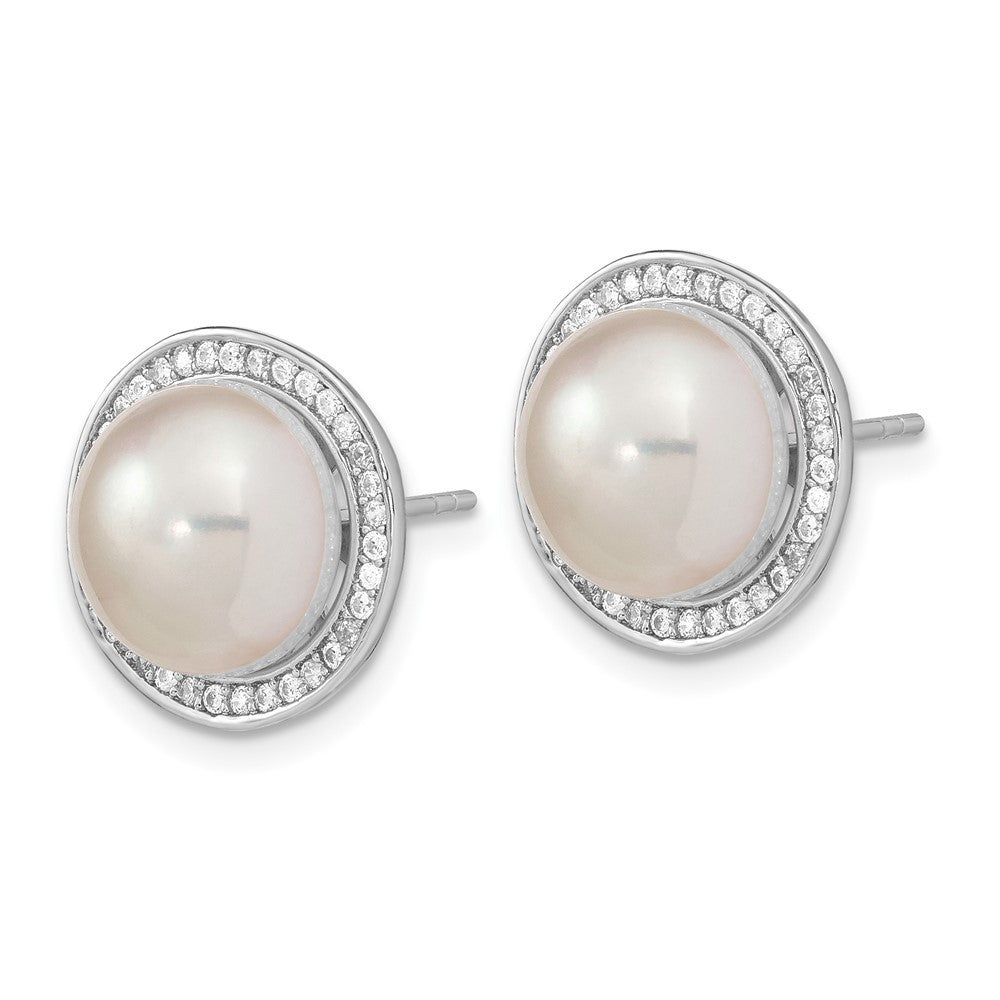Sterling Silver Rhodium-plated Button Freshwater Cultured Pearl CZ Stud Earrings