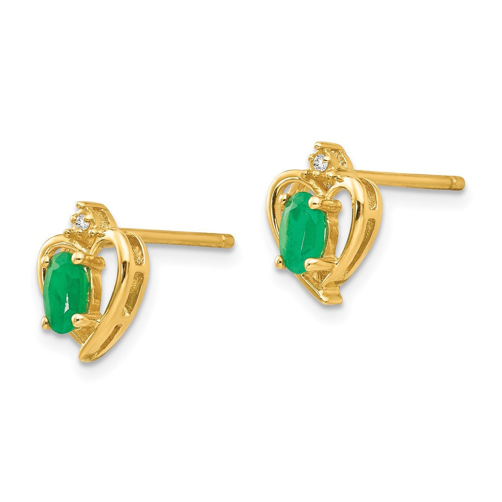 14k Yellow Gold Emerald and Diamond Heart Stud Earrings