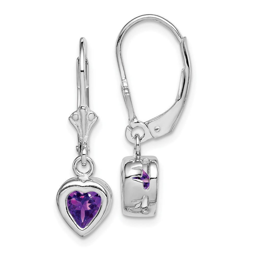 Sterling Silver Rhodium Plated 6mm Heart Amethyst Leverback Dangle Earrings