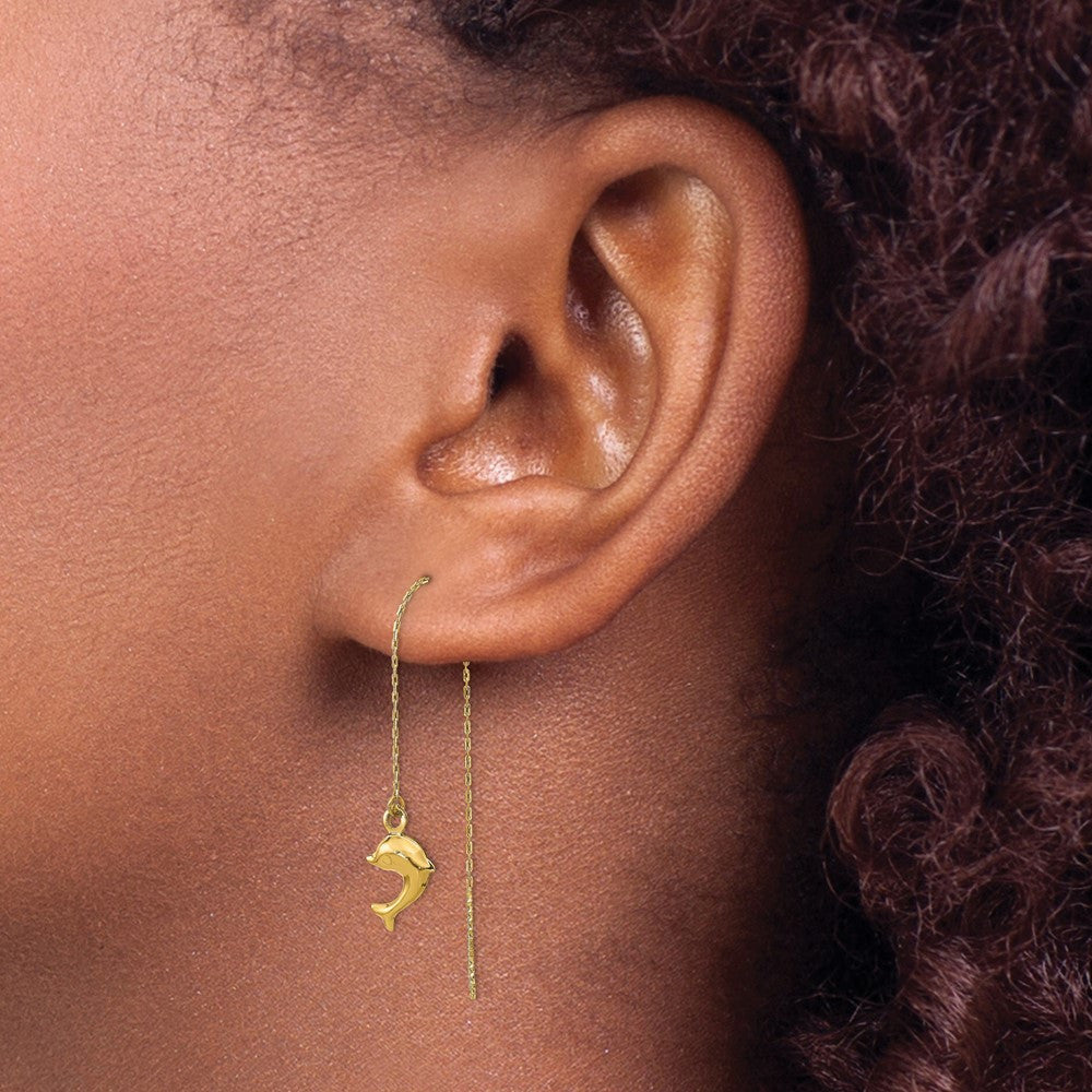 14k Yellow Gold Polished Dolphins Threader Dangle Earrings