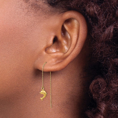 14k Yellow Gold Polished Dolphins Threader Dangle Earrings