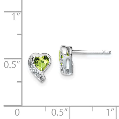 Sterling Silver Rhodium-plated Peridot and Diamond Heart Button Stud Earrings