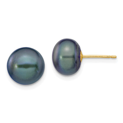 14k Yellow Gold 9-10mm Black Button Freshwater Cultured Pearl Stud Earrings