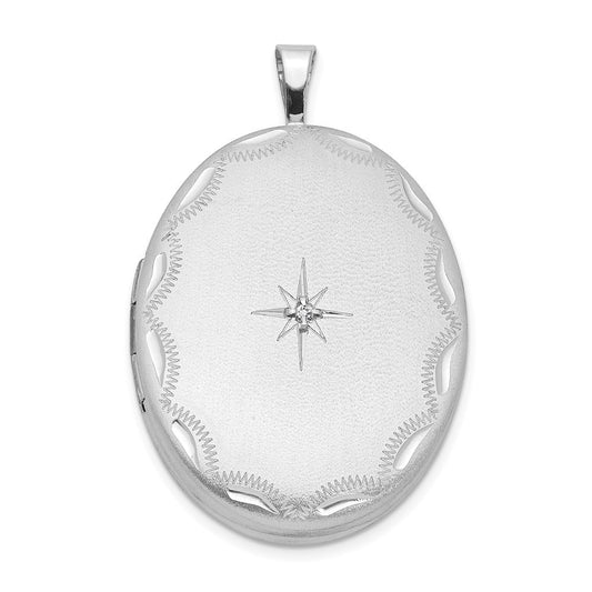 Sterling Silver Rhodium-plated Satin 26mm with Diamond Star Oval Locket Pendant