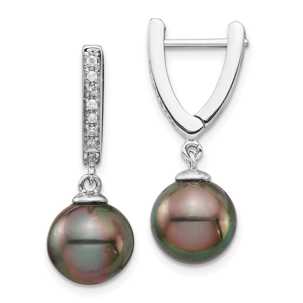 14k Gold 10mm Black Tahitian Saltwater Cultured Pearl & Diamond Dangle Earrings
