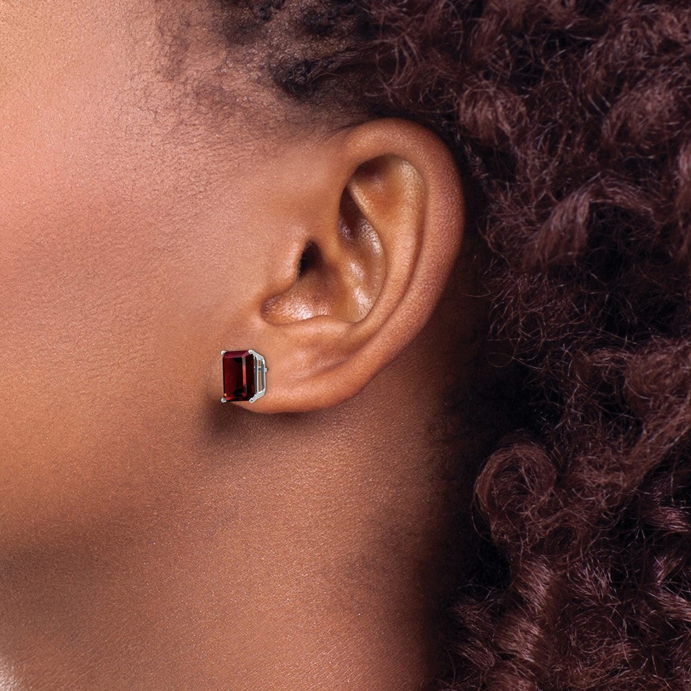 14k White Gold 9x7mm Emerald Cut Garnet Stud Earrings