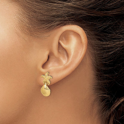 14k Yellow Gold Starfish /Scallop Shell Dangle Earrings