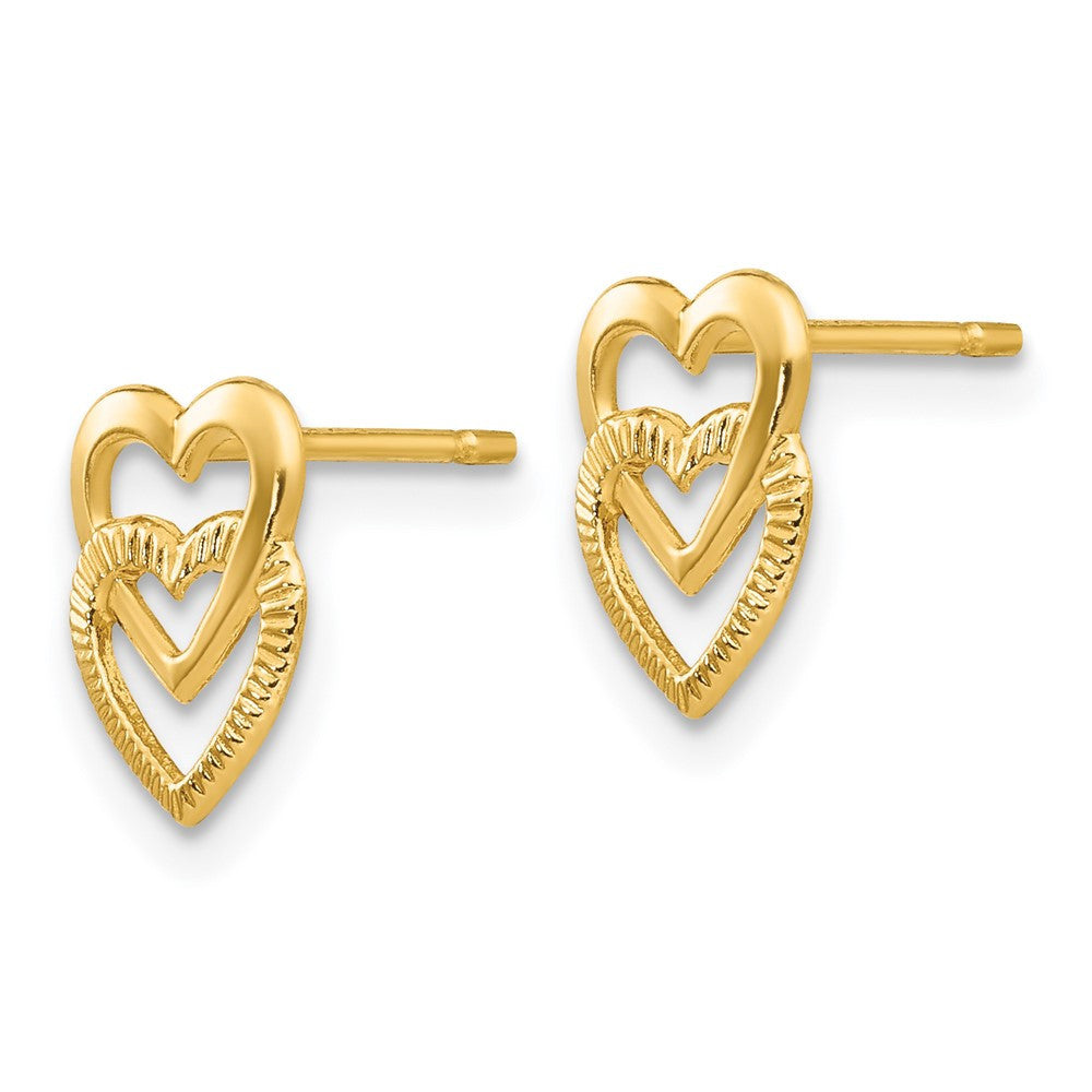 14k Yellow Gold Polished Double Heart Stud Earrings