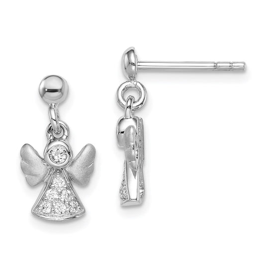 Sterling Silver RH-plated Polished/Satin CZ Angel Dangle Earrings