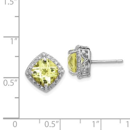 Sterling Silver Rhodium-plated Lemon Quartz and Diamond Button Stud Earrings