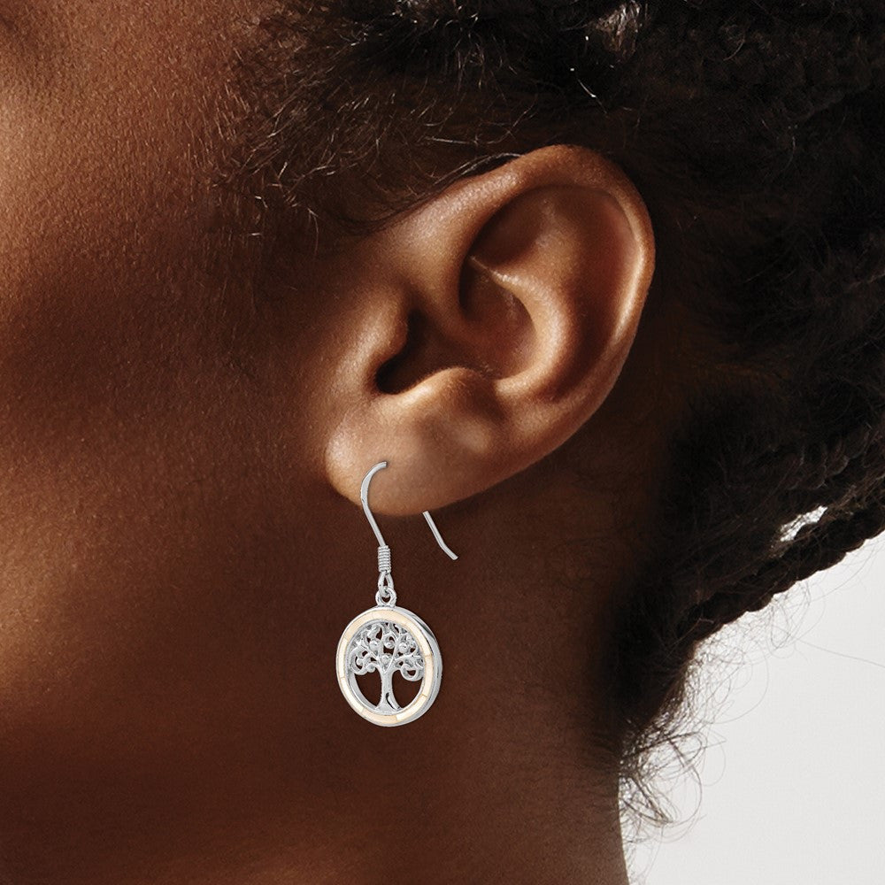 Sterling Silver Rhodium-plated White MOP Tree of Life Dangle Earrings