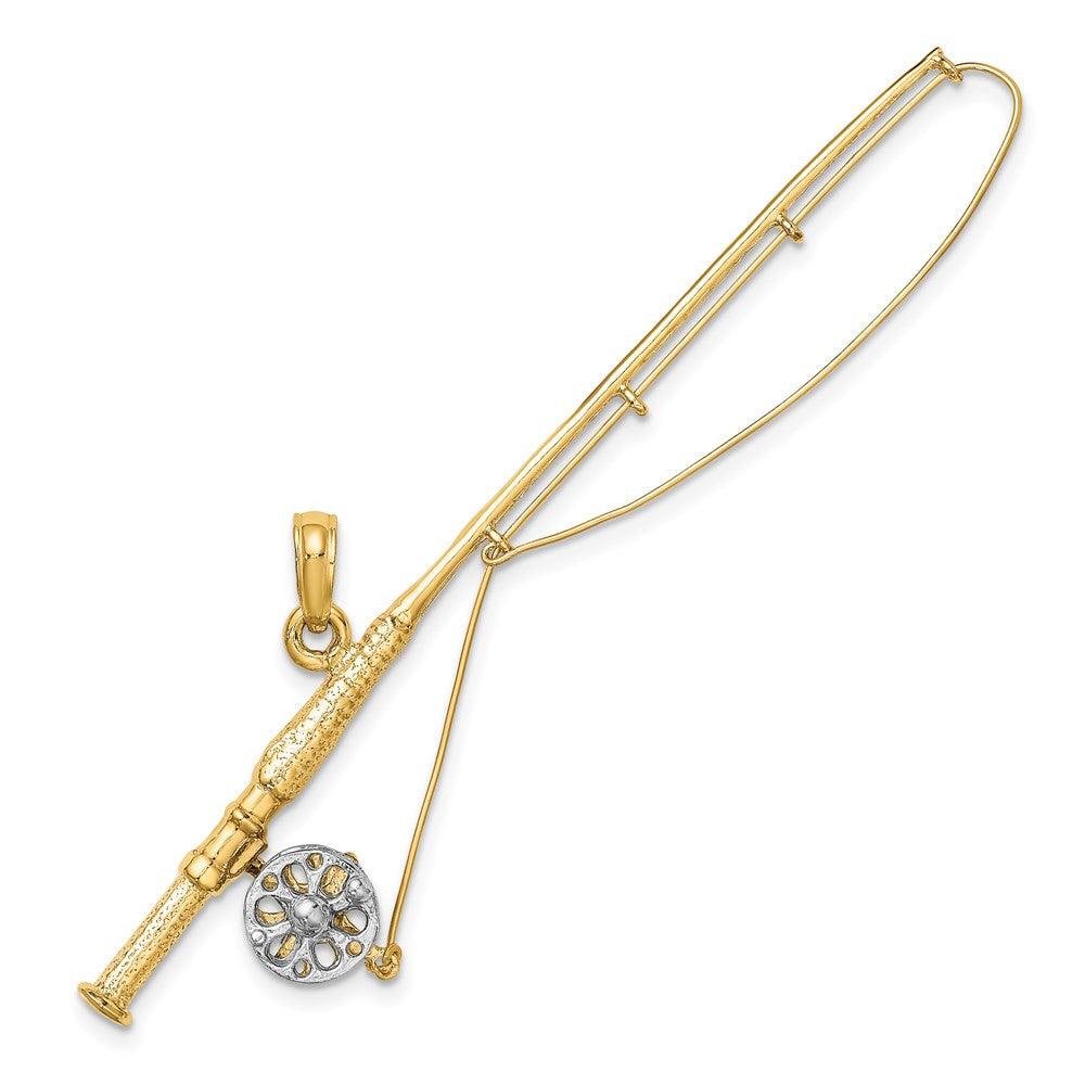 14k Yellow Gold Rhodium 3-D Fly Rod Fishing Pole Charm Pendant