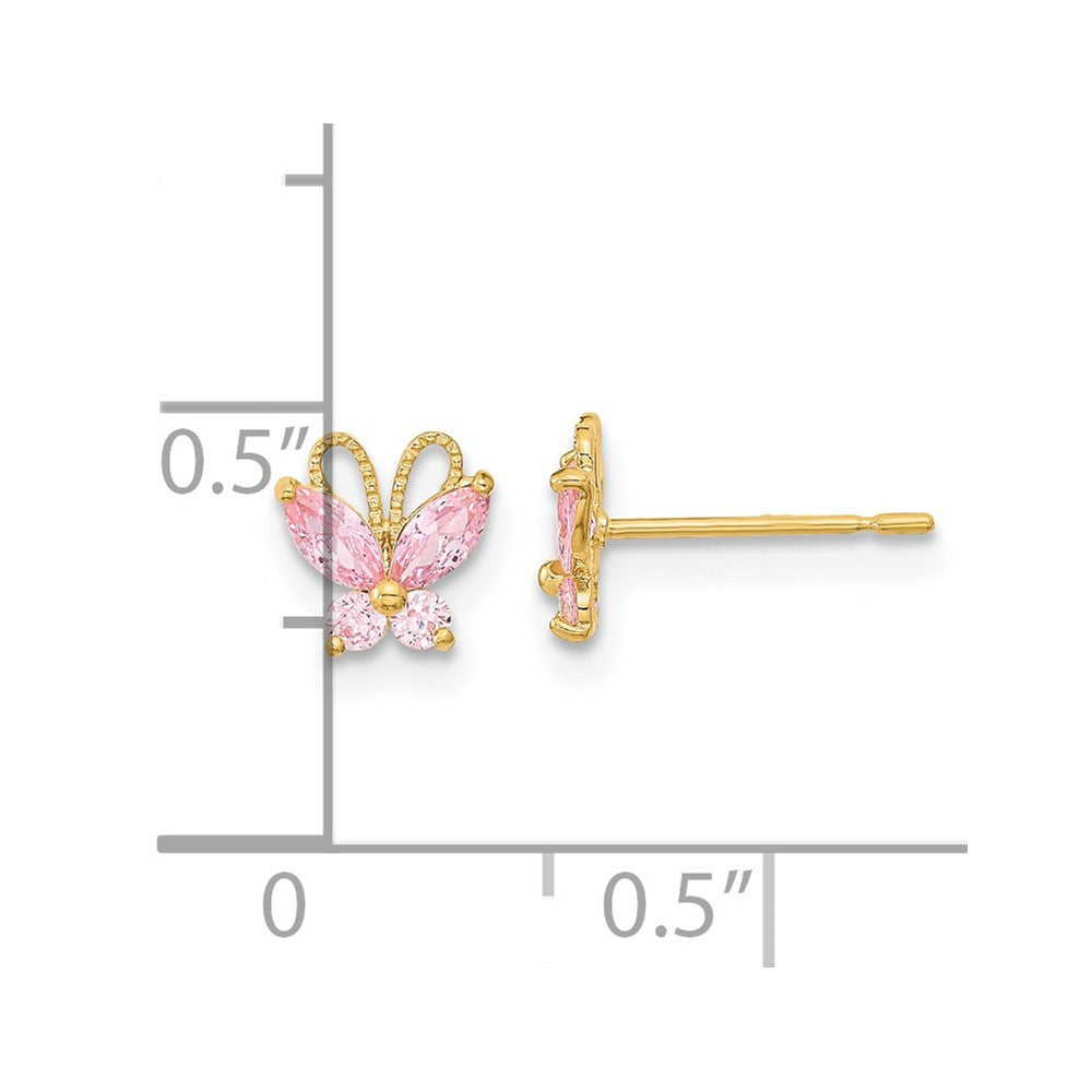 14k Yellow Gold Kids Pink CZ Butterfly Button Stud Earrings