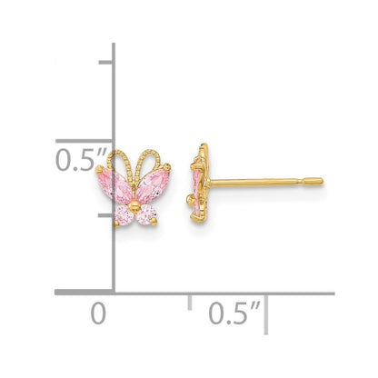 14k Yellow Gold Kids Pink CZ Butterfly Button Stud Earrings