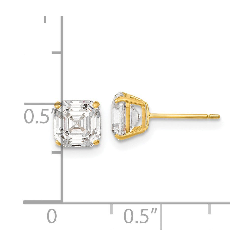 14k Yellow Gold Polished 6x6 Asscher Cut Cubic Zirconia Studs Earrings