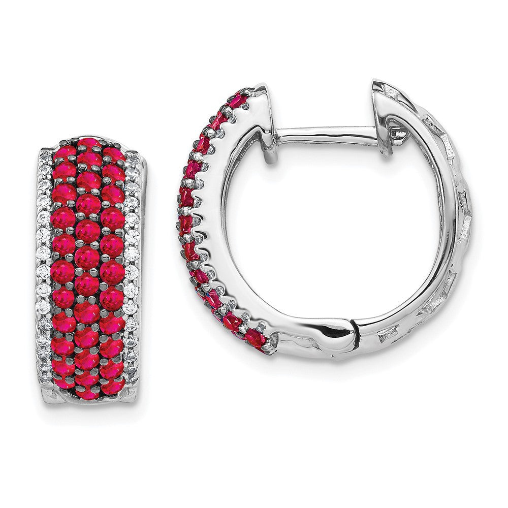 14k White Gold Diamond and Ruby Hinged Hoop Earrings